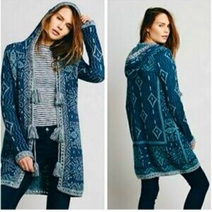 Free People Kai Pom Hooded Longline Cardigan Sweater Women’s M Fringe Bohemian